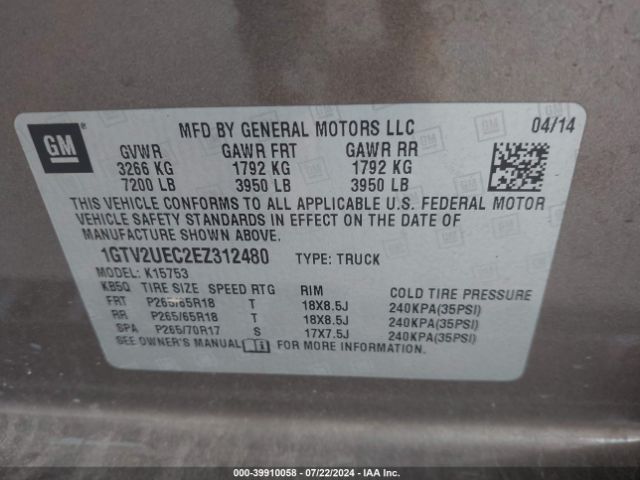 1GTV2UEC2EZ312480 GMC Sierra 1500 Sle