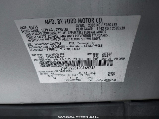 Ford TAURUS SEL 2015 1FAHP2E81FG169748 Image 9