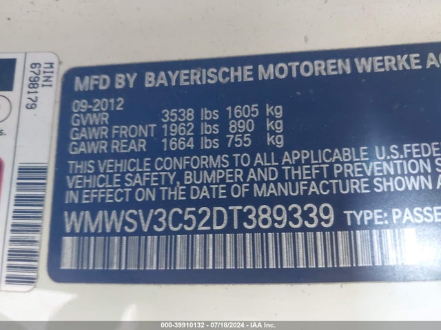 2013 MINI HARDTOP WMWSV3C52DT389339 Photo 8