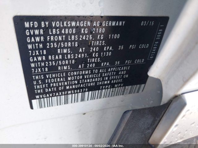WVGAV7AX9FW596379 Volkswagen TIGUAN SE