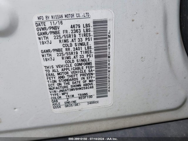 JN8AT2MV6HW259246 Nissan Rogue Sl
