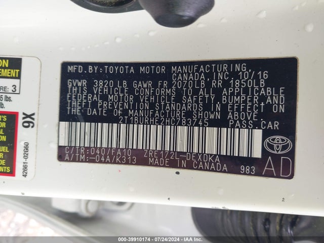 Toyota COROLLA L 2017 2T1BURHE2HC783745 Image 9