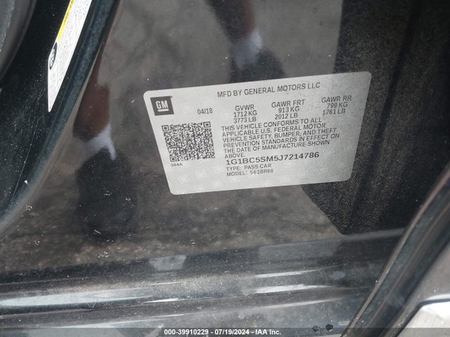 39910229 :رقم المزاد ، 1G1BC5SM5J7214786 vin ، 2018 Chevrolet Cruze Ls Auto مزاد بيع