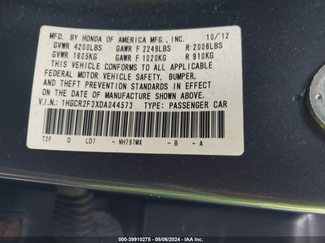 Продажа на аукционе авто 2013 Honda Accord Lx, vin: 1HGCR2F3XDA044573, номер лота: 39910275