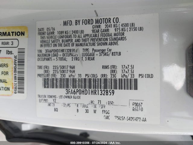 Ford FUSION SE 2017 3FA6P0HD1HR132859 Image 9