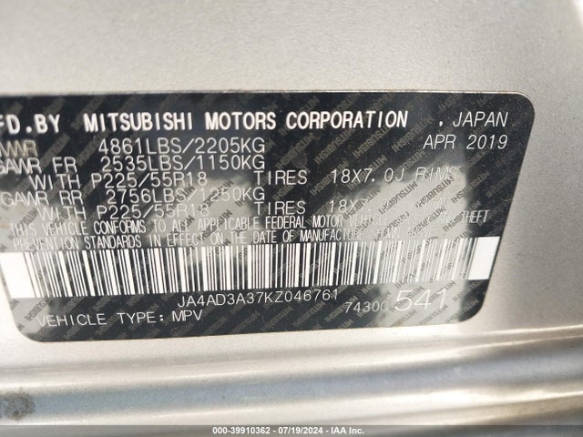 2019 MITSUBISHI OUTLANDER JA4AD3A37KZ046761 Photo 8