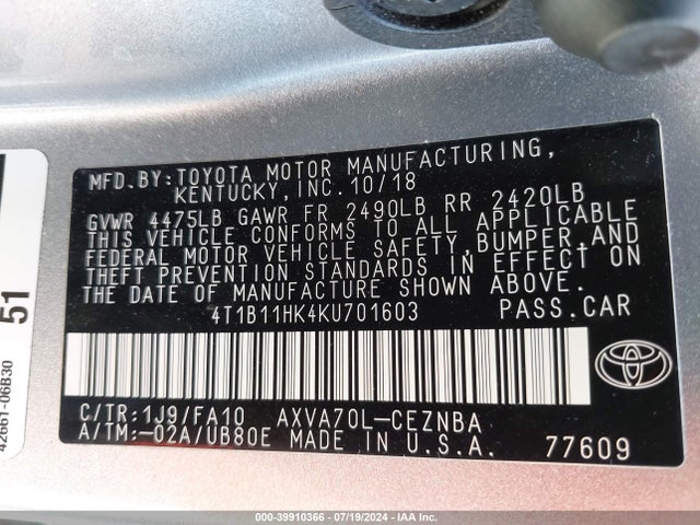 Toyota CAMRY LE 2019 4T1B11HK4KU701603 Image 9