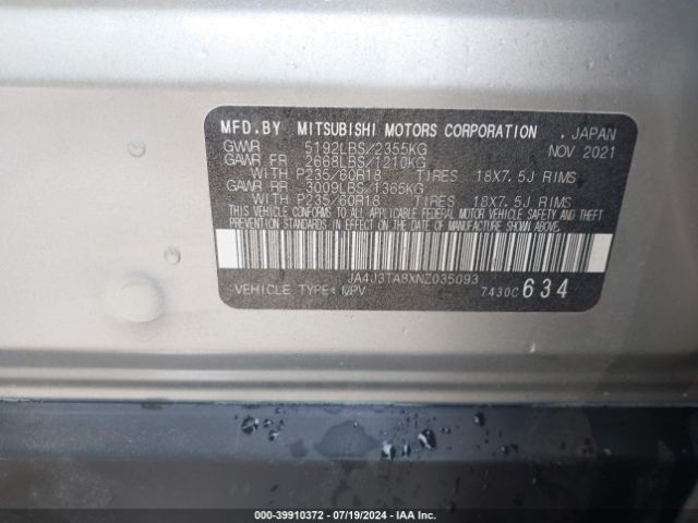 2022 MITSUBISHI OUTLANDER JA4J3TA8XNZ035093 Photo 8