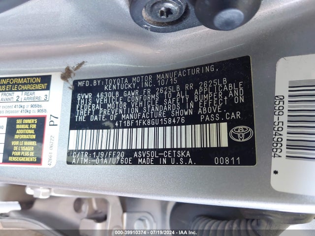 Toyota CAMRY SE 2016 4T1BF1FK8GU158476 Image 9