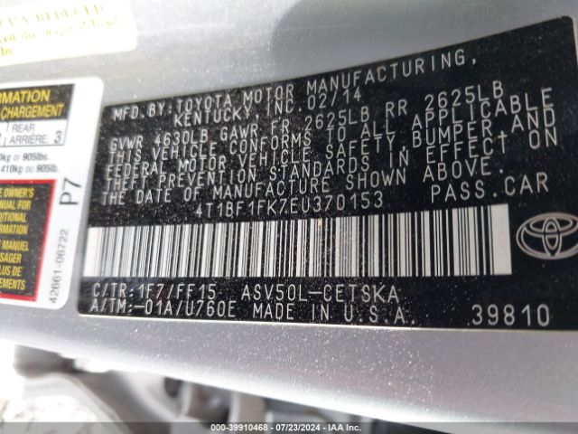 4T1BF1FK7EU370153 Toyota CAMRY SE