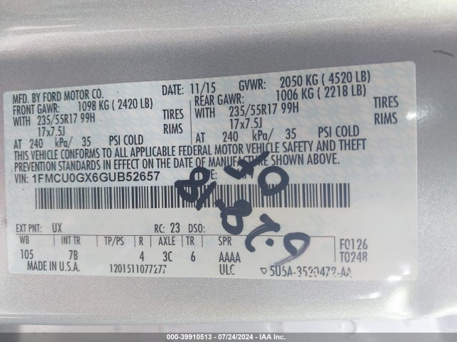 Ford ESCAPE SE 2016 1FMCU0GX6GUB52657 Image 9