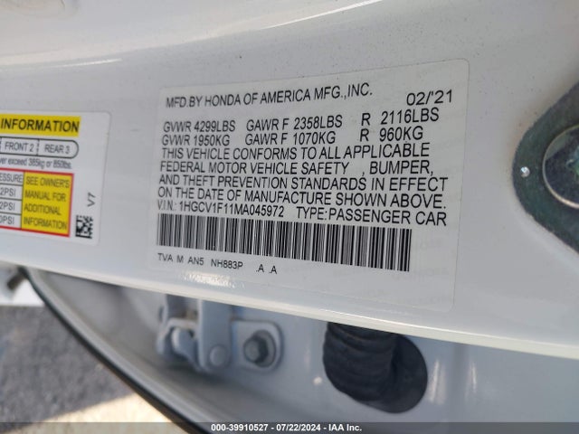 Honda ACCORD LX 2021 1HGCV1F11MA045972 Image 9