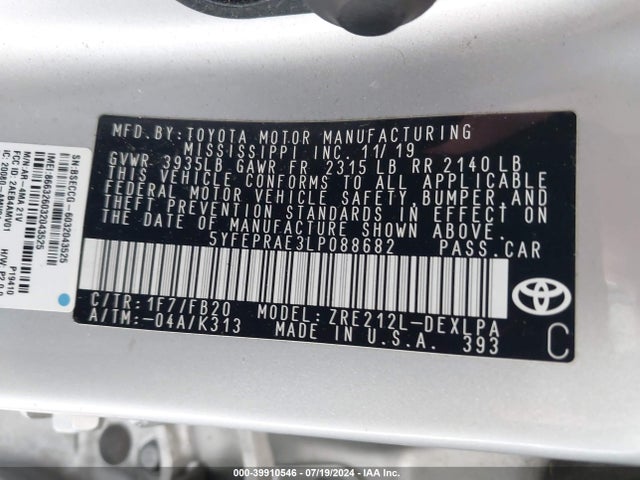 Toyota COROLLA LE 2020 5YFEPRAE3LP088682 Image 9