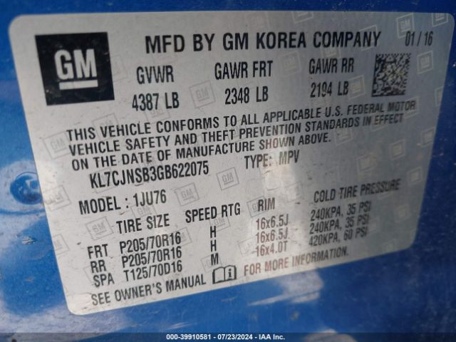 KL7CJNSB3GB622075 Chevrolet Trax 1ls