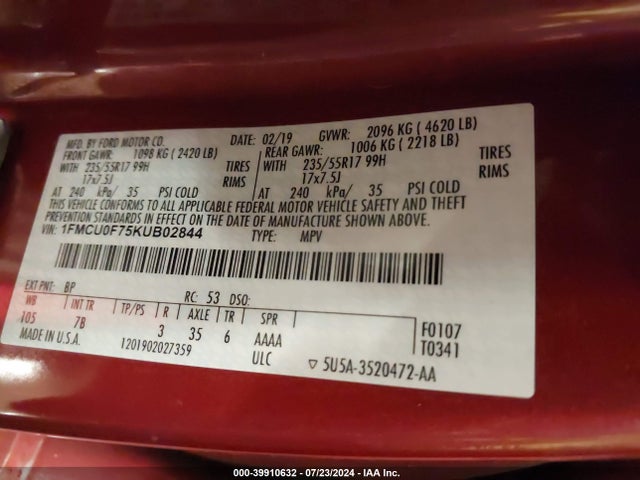 Ford ESCAPE S 2019 1FMCU0F75KUB02844 Image 9