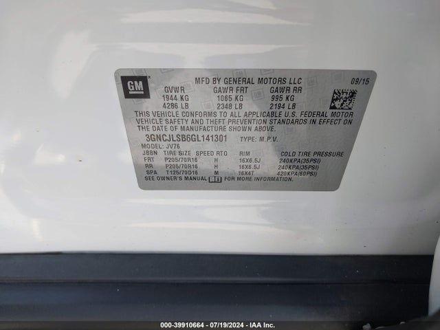 Chevrolet Trax Lt 2016 3GNCJLSB6GL141301 Image 9