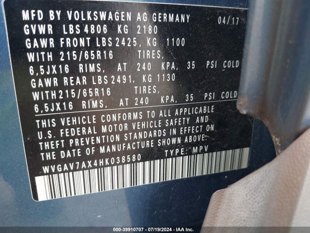 WVGAV7AX4HK038580 Volkswagen Tiguan