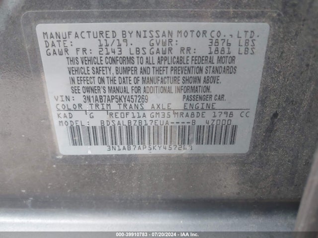Nissan SENTRA S 2019 3N1AB7AP5KY457269 Image 9