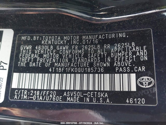Toyota CAMRY SE 2016 4T1BF1FK0GU185736 Image 9