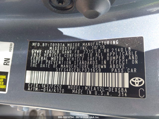 Toyota COROLLA SE 2020 5YFS4RCE8LP031659 Image 9