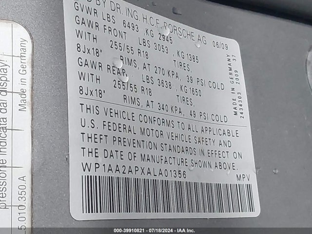 2010 PORSCHE CAYENNE WP1AA2APXALA01356 Photo 8