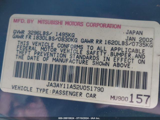 2002 MITSUBISHI MIRAGE JA3AY11A52U051790 Photo 8