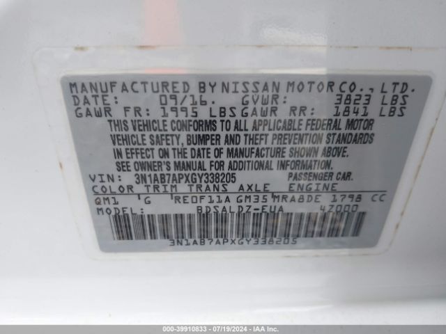 3N1AB7APXGY338205 Nissan SENTRA SV