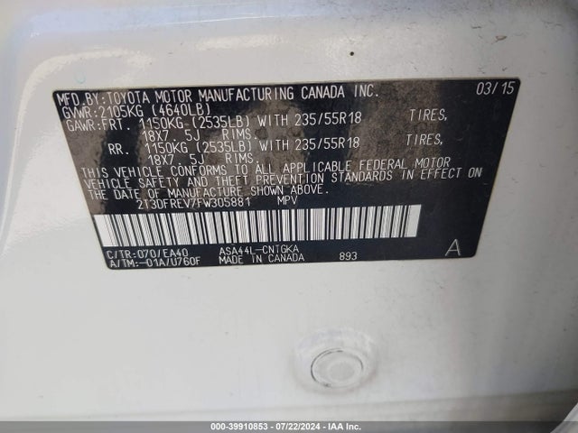 Toyota Rav4 Limited 2015 2T3DFREV7FW305881 Image 9