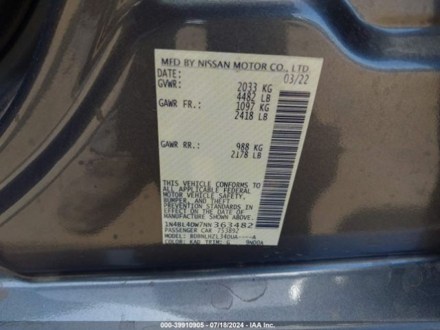 1N4BL4DW7NN363482 Nissan Altima Sv Intelligent Awd
