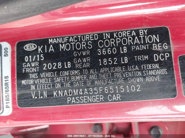 KIA RIO LX 2015 KNADM4A35F6515102 Image 9