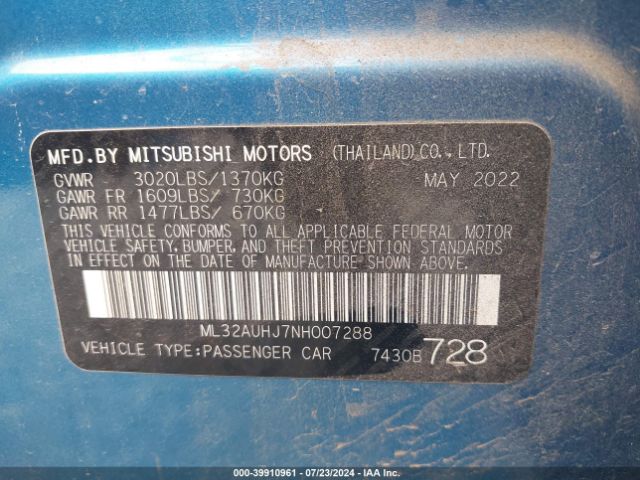 2022 MITSUBISHI MIRAGE ML32AUHJ7NH007288 Photo 8