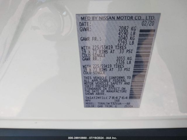 5N1AT2MT1LC784764 Nissan Rogue Sl Fwd