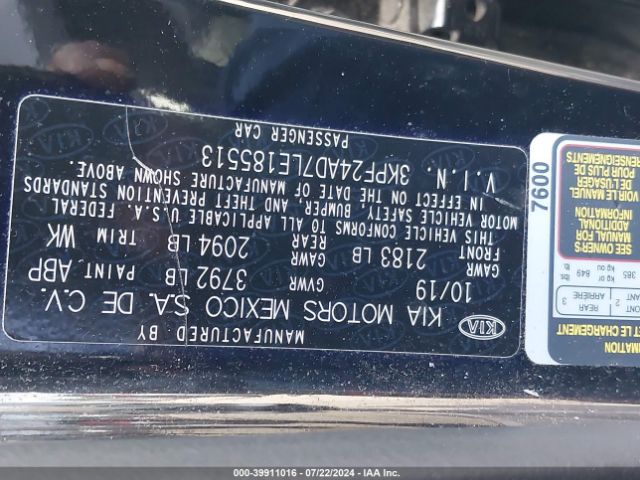 3KPF24AD7LE185513 KIA FORTE FE