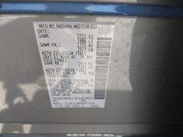 5N1DR2BN4LC610302 Nissan Pathfinder Sv 2wd