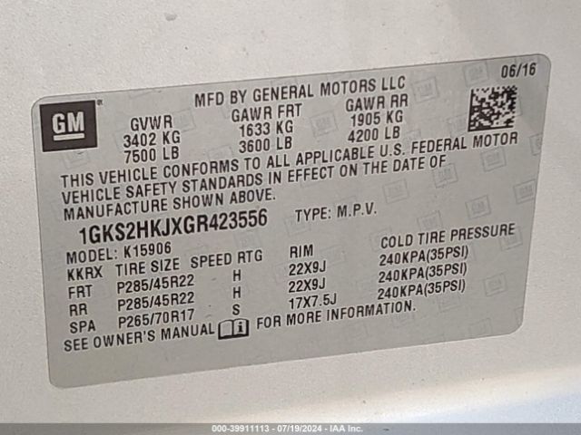 1GKS2HKJXGR423556 GMC YUKON XL DENALI
