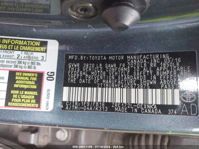 Toyota COROLLA LE 2016 2T1BURHE4GC673875 Image 9