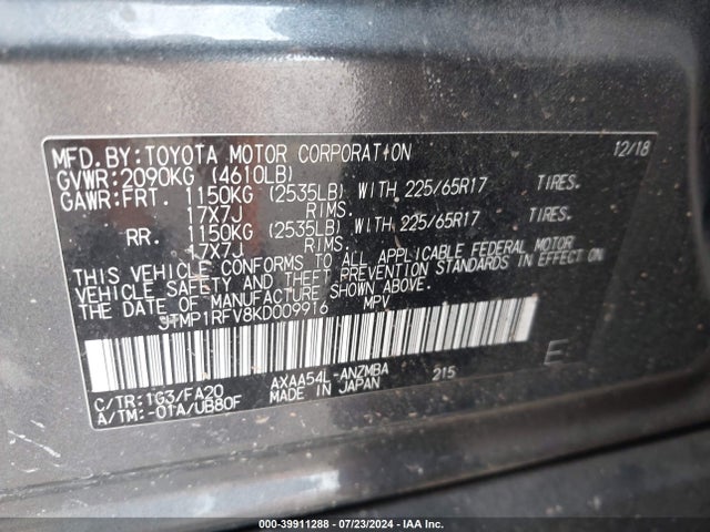 Toyota Rav4 Xle 2019 JTMP1RFV8KD009916 Image 9