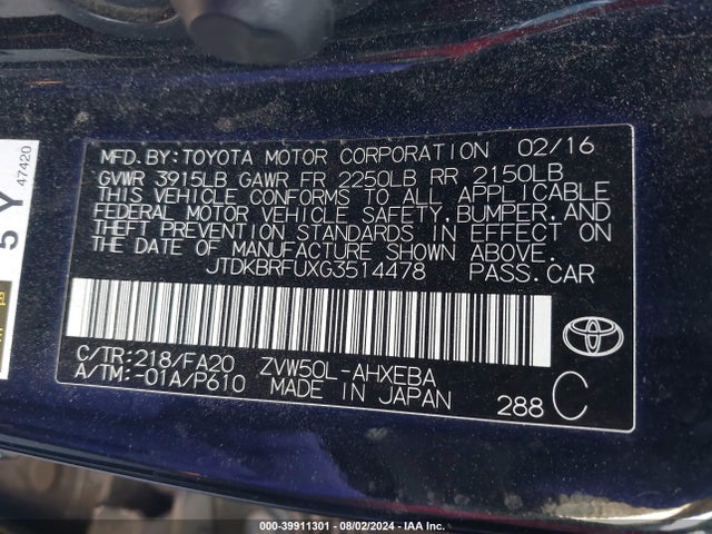 Toyota Prius Two 2016 JTDKBRFUXG3514478 Image 9