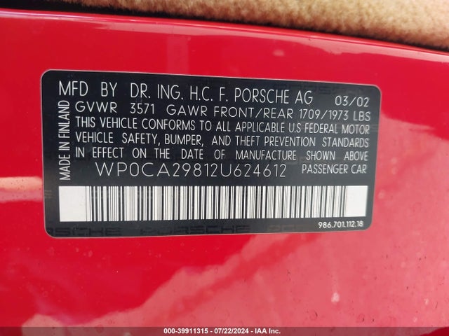 2002 PORSCHE BOXSTER WP0CA29812U624612 Photo 8