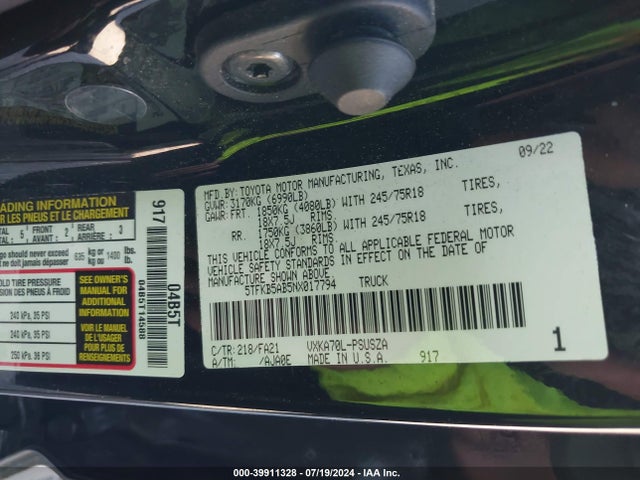 Toyota Tundra Sr 2022 5TFKB5AB5NX017794 Image 9