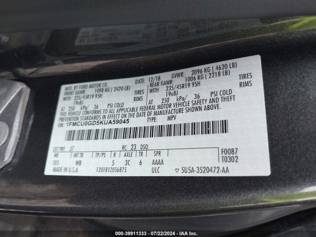 Ford ESCAPE SE 2019 1FMCU0GD5KUA59045 Image 9