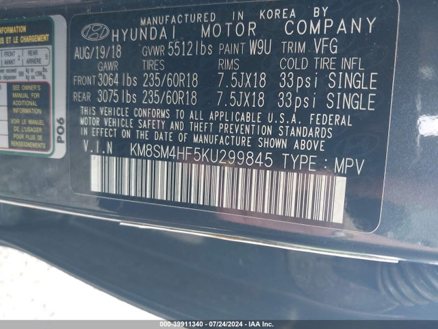 KM8SM4HF5KU299845 Hyundai Santa Fe Xl Se