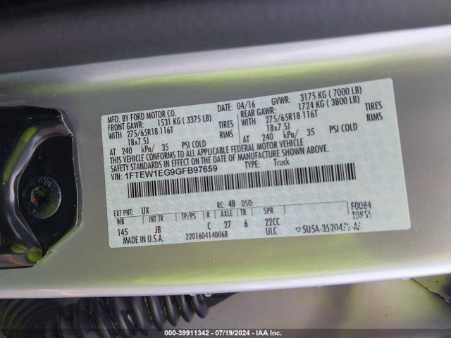 Ford F-150 Xlt 2016 1FTEW1EG9GFB97659 Image 9
