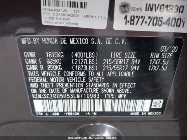 3CZRU5H53LM710983 Honda Hr-v 2wd Ex