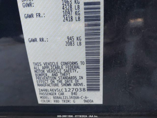 1N4BL4EV5LC127038 Nissan Altima Sl Fwd