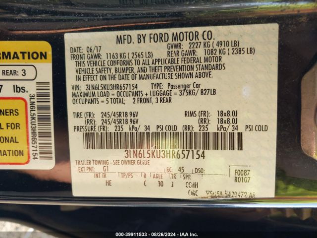 3LN6L5KU3HR657154 Lincoln Mkz Hybrid Premiere