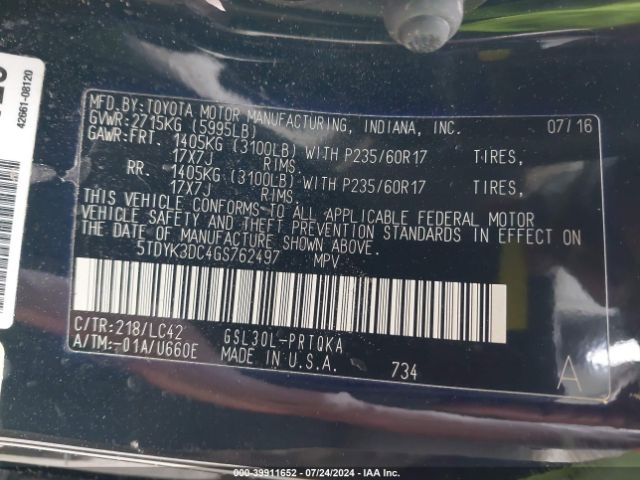 5TDYK3DC4GS762497 Toyota Sienna Xle 8 Passenger