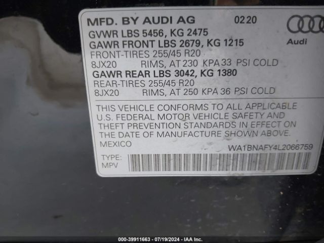 WA1BNAFY4L2066759 Audi Q5 Premium Plus 45 Tfsi Quattro S Tronic
