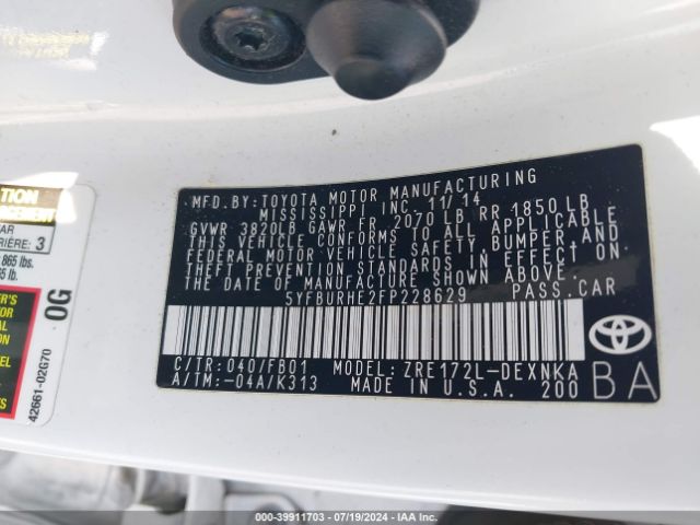 5YFBURHE2FP228629 Toyota Corolla Le Plus