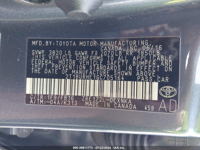 Toyota COROLLA LE 2016 2T1BURHE1GC705164 Image 9
